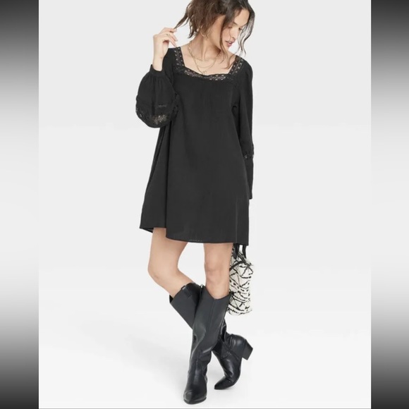 Universal Thread Women's Black midi Balloon Sleeve lace trim Tiered Dress size L - Picture 4 of 8